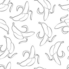Seamless background with bananas. Outline drawings of peeled bananas on a white background. Line drawing. Endless background. Banana pattern, textile, art, tropical fruit