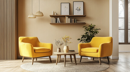 Cute living room interior with comfortable armchairs near shelf and table against beige wall 