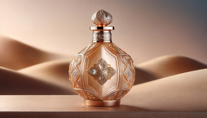 Arabic luxury perfume with Arabian traditional design on it place in a shiny  elegant background 