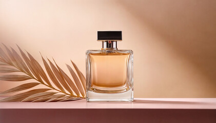 Transparent perfume bottle on a beige background