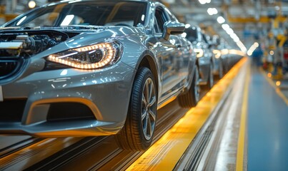 Obraz premium Mass production assembly line of electric vehicle battery cells close-up view, Generative AI