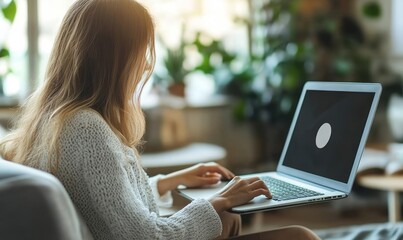 Woman using a laptops computer show a Privacy Lock icon on virtual screen interfaces, Generative AI