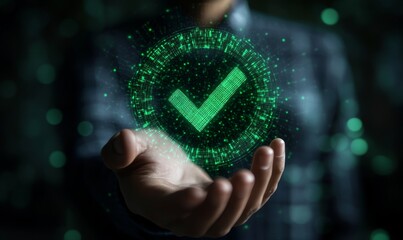 Green check mark for compliance, certification or audit concept with a business man holding a digital hologram of green compliance tick symbol, Generative AI