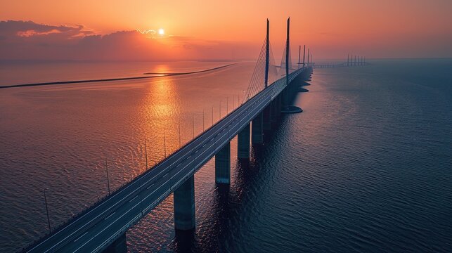 Beautiful aerial view of the Oresundsbron bridge between Denmark and Sweden, Oresundsbron. Oresund Bridge close up view at sunset.