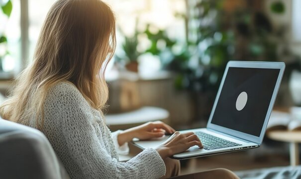 Woman using a laptops computer show a Privacy Lock icon on virtual screen interfaces, Generative AI