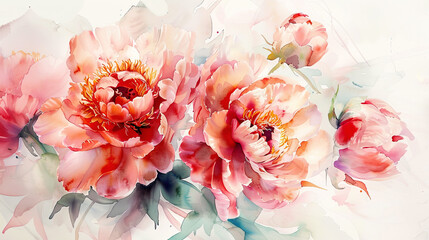 Watercolor peonies in wet-on-wet style, vibrant spring colors blending softly, white background