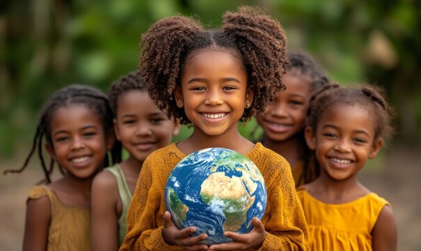 International day of peace concept with African Children holding earth globe. Group of African children holding planet earth over blurry nature background with copy, Generative AI - Powered by Adobe
