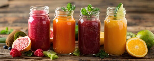 Variety of fresh juices and smoothies in jars on a wooden desk.