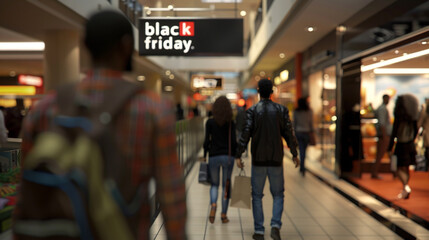 city high street displaying black friday shopping sale signs, consumerism concept