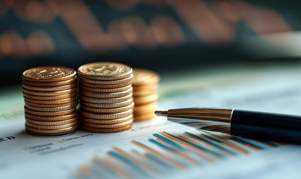 Economy and finance background with money coins , pen and stocks market graphs in blurry backdrop, Generative AI