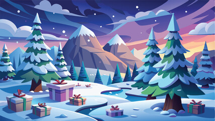 Snowy winter landscape with pine trees covered in snow, a cloudy sky with falling snowflakes and gift boxes in the foreground