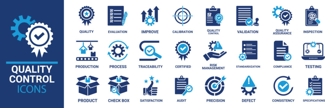 Quality control icon set. Containing inspection, evaluation, product, quality assurance, process, testing and more. Solid vector icons collection.