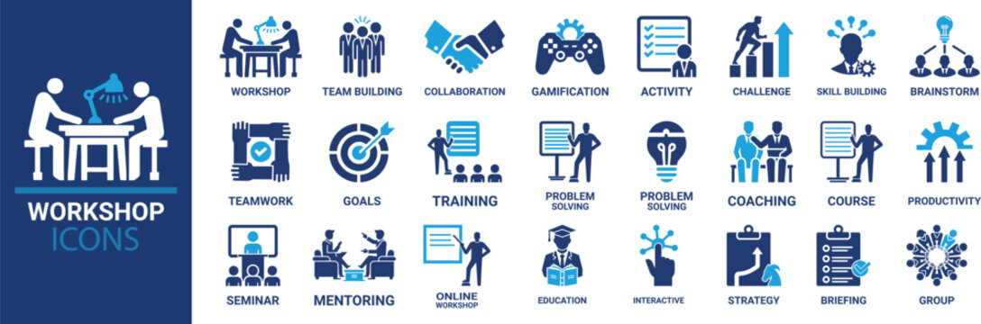 Workshop icon set. Containing team building, collaboration, teamwork, coaching, problem-solving and education icons. Solid icon collection.