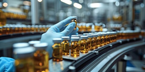 Pharmacist in Sanitary Gloves Inspecting Medicine Vials on a Production Line Conveyor Belt in a Pharmaceutical Health Care Factory