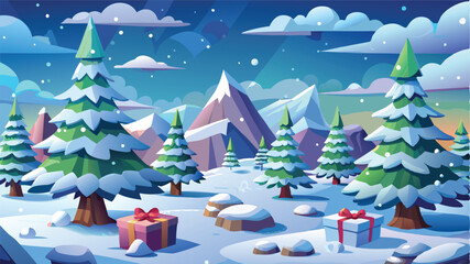 Snowy winter landscape with pine trees covered in snow, a cloudy sky with falling snowflakes and gift boxes in the foreground