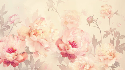 Watercolor peonies with gradient washes, seamless transitions in delicate hues, light beige background