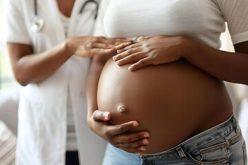 Close-up shot of unidentified obstetrician's hand gently touching pregnant woman's belly during home visit. Prenatal care doula assists expectant mother - motherhood, pregnancy, and medicine concept.