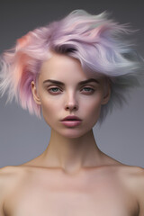 Naklejka premium woman haircut unnatural colorway, colorway haircuit,fashion haircut barbershop haircut, woman portrait colorway haircut