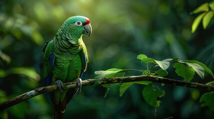 Obraz premium Blue-naped parrot, Tanygnathus lucionensis, colorful parrot, native to Philippines. Green parrot with red beak and light blue rear crown sitting on twig isolated against dark green jungle background.