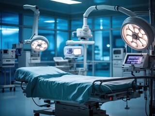 Advanced surgical room with specialized equipment and illuminated operating table in modern hospital facilities