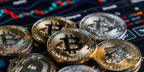 Dynamic Bitcoin coins on digital trading graph background depicting cryptocurrency mining, investment, and futuristic money concept for financial technology themes.
