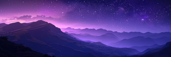 Fototapeta premium Stars sparkle in a purple dusk sky next to a looming mountain shadow