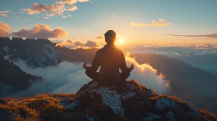 Fototapeta premium Tranquil scene of one man meditating on rocky mountain peak during sunset; sky filled with clouds and hues of orange and blue; peaceful and introspective.