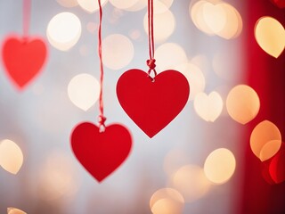Beautiful red heart decorations hanging against a silvery background with soft bokeh lights