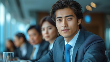 Obraz premium A young professional engaged in a business meeting with colleagues in an urban office