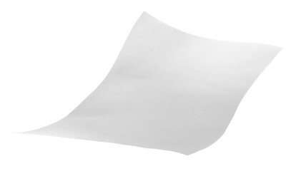 Blank white paper flying, sheet falls isolated on white, clipping path