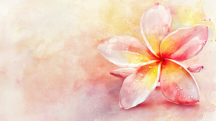 Watercolor plumeria pudica in wet-on-dry style, detailed petals in shades of pink and yellow, pastel background