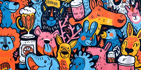 A vibrant, densely packed collage of cartoonish characters and objects in various colors, resembling graffiti art. The image is lively and chaotic, with a playful and energetic vibe.