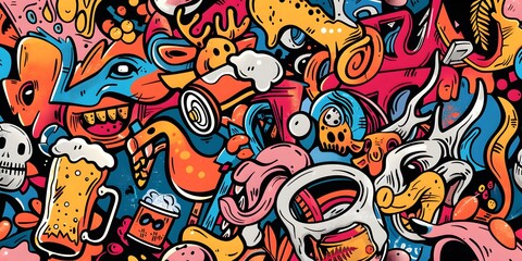 Obraz premium A vibrant, densely packed collage of cartoonish characters and objects in various colors, resembling graffiti art. The image is lively and chaotic, with a playful and energetic vibe.