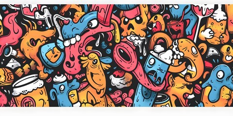 Fototapeta premium A vibrant, densely packed collage of cartoonish characters and objects in various colors, resembling graffiti art. The image is lively and chaotic, with a playful and energetic vibe.