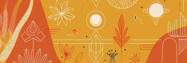 This abstract pattern features a blend of autumnal colors, geometric shapes, and botanical elements. It symbolizes creativity, growth, nature, and the changing seasons.