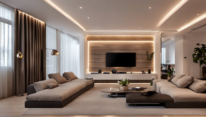 Nice Interior design, Modern and comfortable living room. Warm lighting that creates a cozy atmosphere