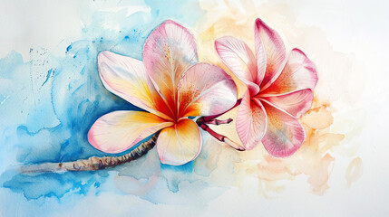Watercolor plumeria pudica using lifting, soft pastels creating delicate highlights, gentle composition, light background
