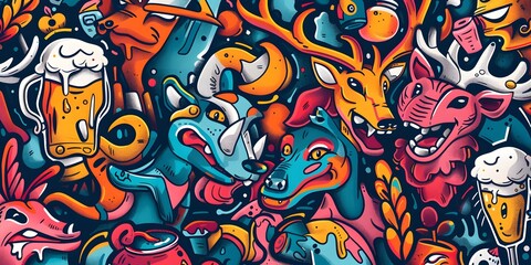 Fototapeta premium A vibrant, densely packed collage of cartoonish characters and objects in various colors, resembling graffiti art. The image is lively and chaotic, with a playful and energetic vibe.