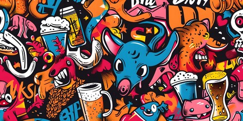 Fototapeta premium A vibrant, densely packed collage of cartoonish characters and objects in various colors, resembling graffiti art. The image is lively and chaotic, with a playful and energetic vibe.