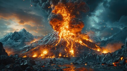 A fiery volcanic eruption with smoke and lava flowing down the mountainside. AI.