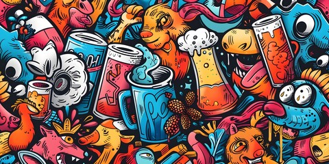 A vibrant, densely packed collage of cartoonish characters and objects in various colors, resembling graffiti art. The image is lively and chaotic, with a playful and energetic vibe.