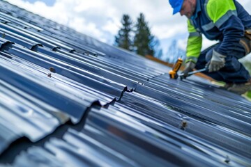 Roofing Professional Securing Metal Roofing with Electric Screwdriver and Safety Harness