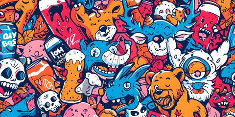 A vibrant, densely packed collage of cartoonish characters and objects in various colors, resembling graffiti art. The image is lively and chaotic, with a playful and energetic vibe.