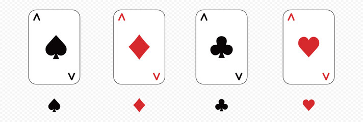 Playing Cards icons isolated on background. Four poker playing card suits - hearts, diamonds, spades, clubs. A winning poker hand. Vector illustration.