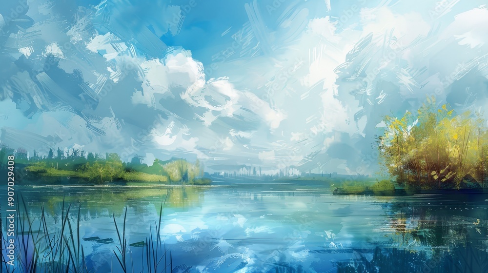 Wall mural This picturesque landscape depicts a tranquil lake surrounded by lush greenery, reflecting the clear blue sky and fluffy white clouds. It symbolizes peace, nature, serenity, and tranquility, creating 