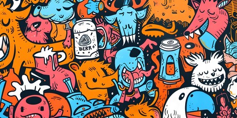 A vibrant, densely packed collage of cartoonish characters and objects in various colors, resembling graffiti art. The image is lively and chaotic, with a playful and energetic vibe.