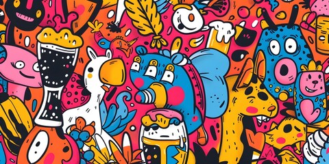 A vibrant, densely packed collage of cartoonish characters and objects in various colors, resembling graffiti art. The image is lively and chaotic, with a playful and energetic vibe.