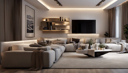 Nice Interior design, Modern and comfortable living room. Warm lighting that creates a cozy atmosphere