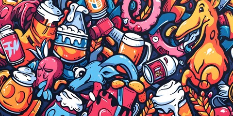 Fototapeta premium A vibrant, densely packed collage of cartoonish characters and objects in various colors, resembling graffiti art. The image is lively and chaotic, with a playful and energetic vibe.