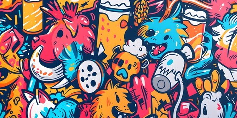 Obraz premium A vibrant, densely packed collage of cartoonish characters and objects in various colors, resembling graffiti art. The image is lively and chaotic, with a playful and energetic vibe.